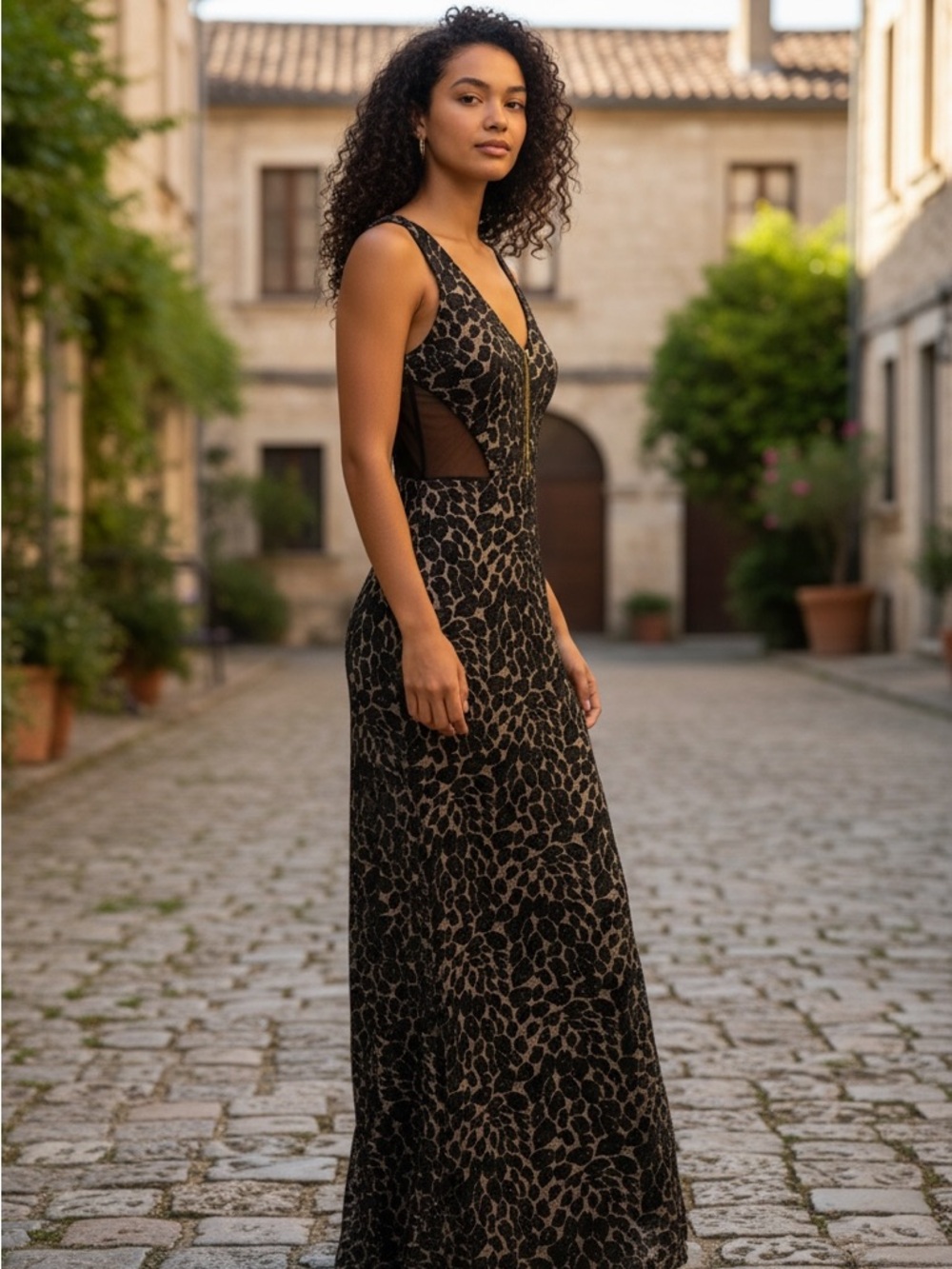 Sleeveless Black & Tan Patterned Maxi Dress